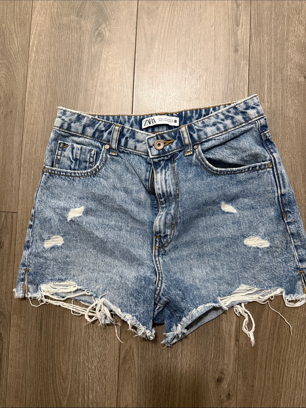 Zara Faded Blue High-Waist Distressed Denim Shorts